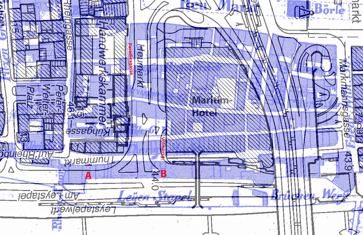 Das heutige Kölner Stadtkataster unterlegt mit dem Katasterplan 1836 (Waschpforte = A; Zollpforte = B). Bearbeitung Hess/Kremer