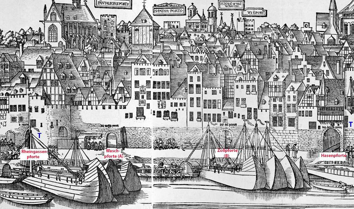 Das Kölner Rheinufer mit Wasch- und Zollpforte auf der Ansicht von Anton Woensam, 1531. Bearbeitung Hess/Kremer