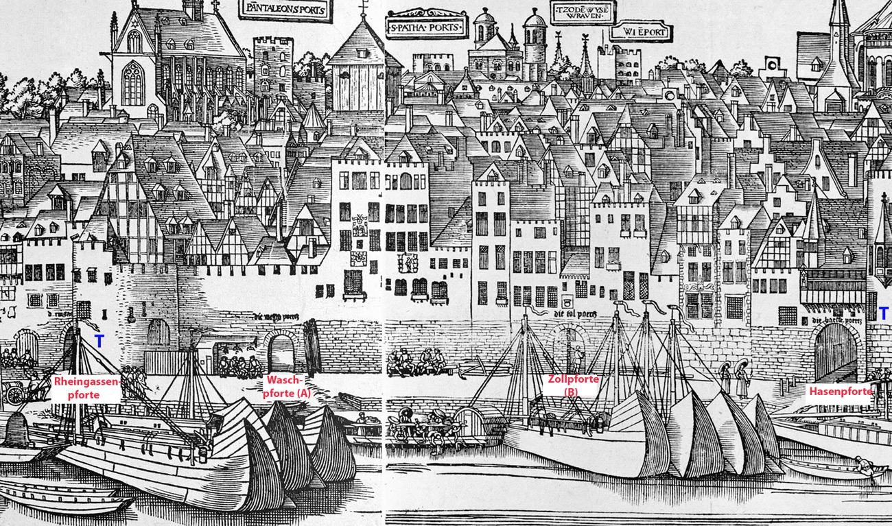 Das Kölner Rheinufer mit Wasch- und Zollpforte auf der Ansicht von Anton Woensam, 1531. Bearbeitung Hess/Kremer